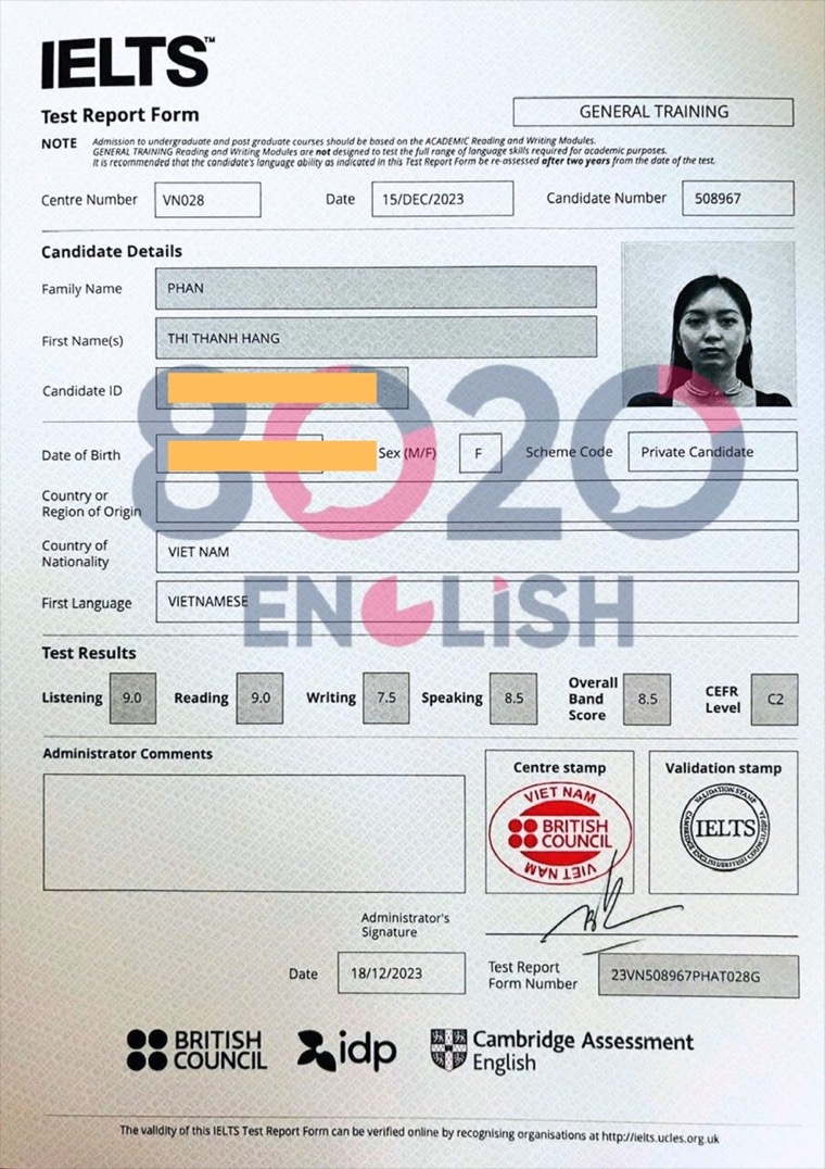 Phiếu điểm IELTS thật — Speaking 8.5, Overall 8.5