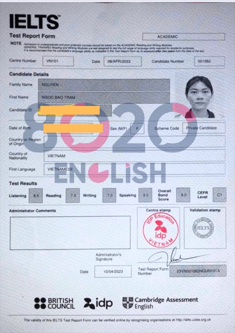 Phiếu điểm IELTS thật của học viên 8020 — Overall 8.0