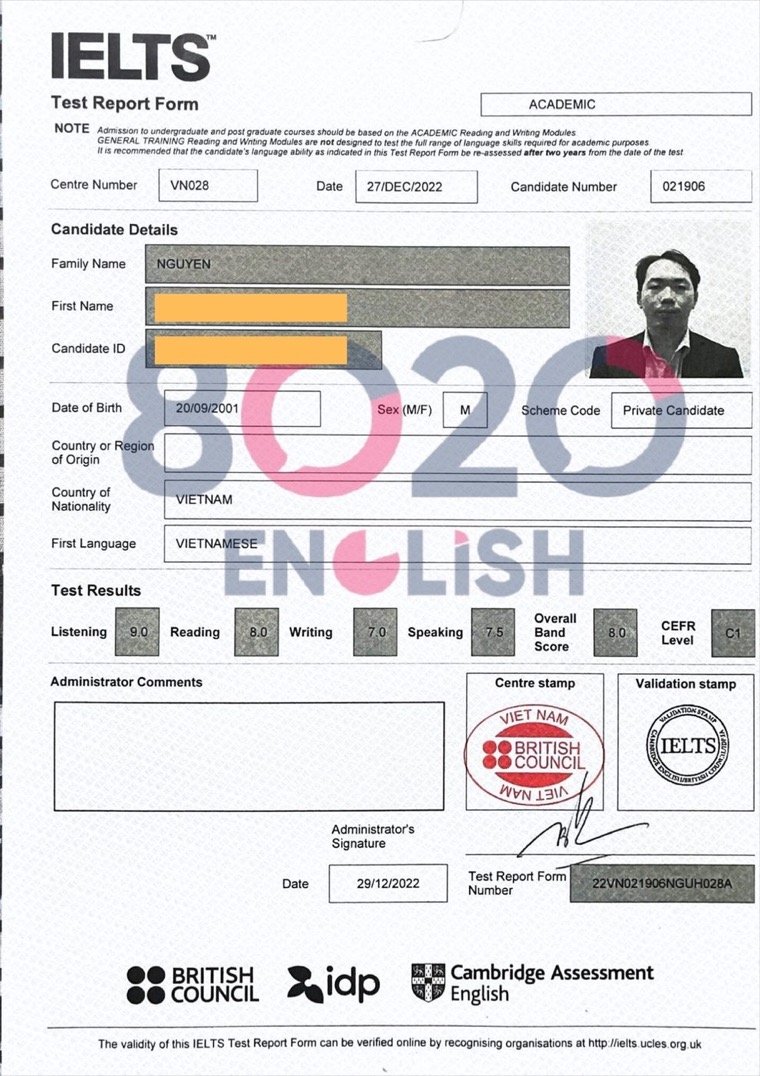 Phiếu điểm IELTS thật của học viên 8020 — Overall 8.0