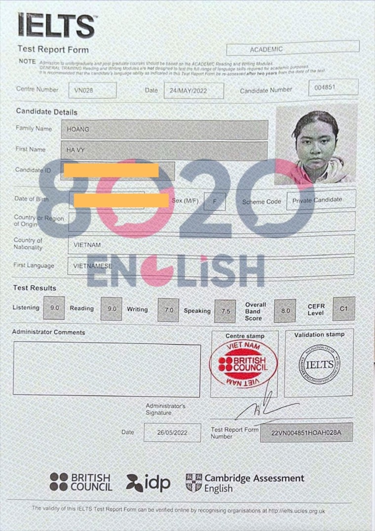 Phiếu điểm IELTS thật của học viên 8020 — Overall 8.0