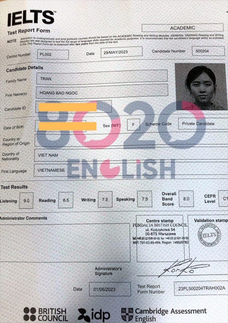 Phiếu điểm IELTS thật của học viên 8020 — Overall 8.0