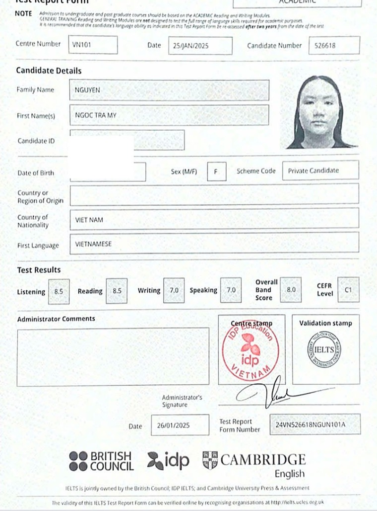 Phiếu điểm IELTS thật của học viên 8020 — Overall 8.0