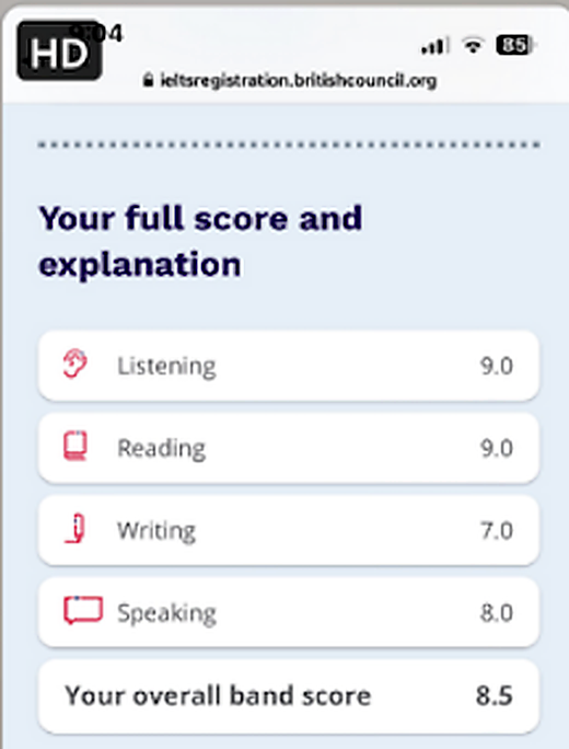 Phiếu điểm IELTS trên British Council — Speaking 8.0, Overall 8.5