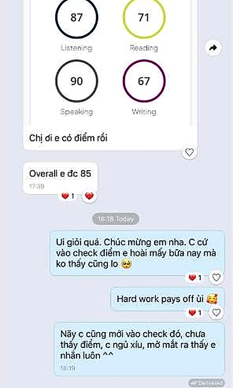 Tin nhắn học viên báo điểm PTE — Overall 85, Speaking 90